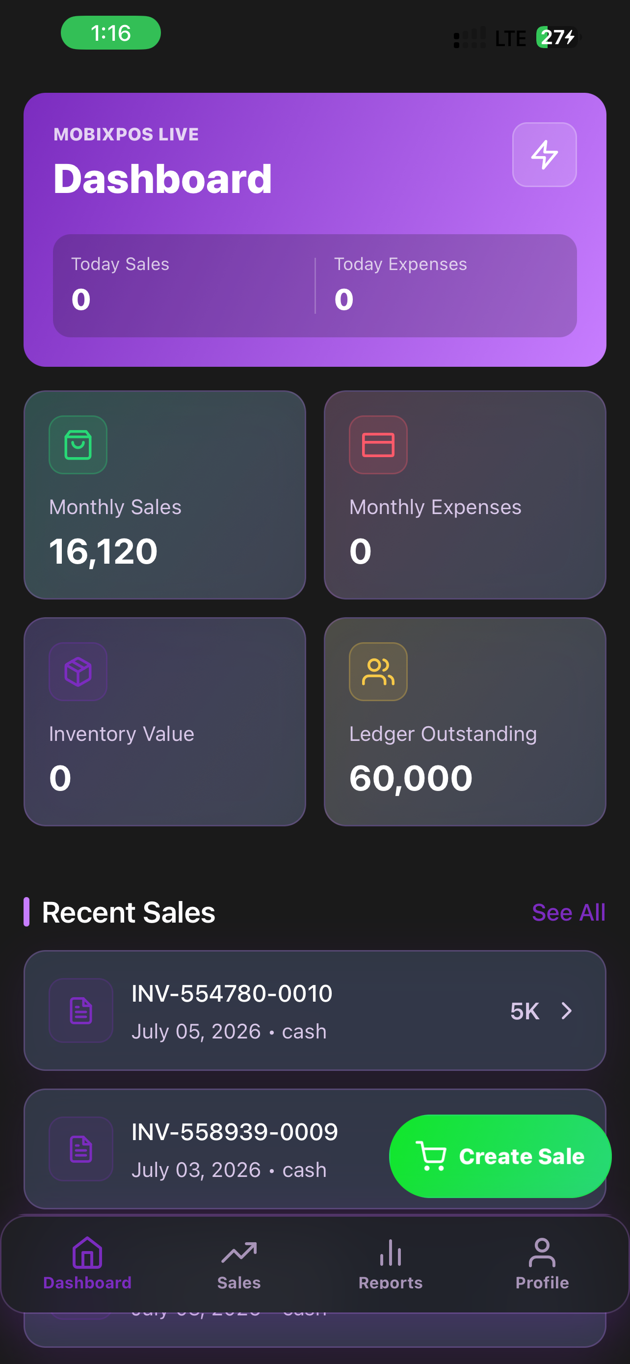 MobixPOS dashboard on mobile