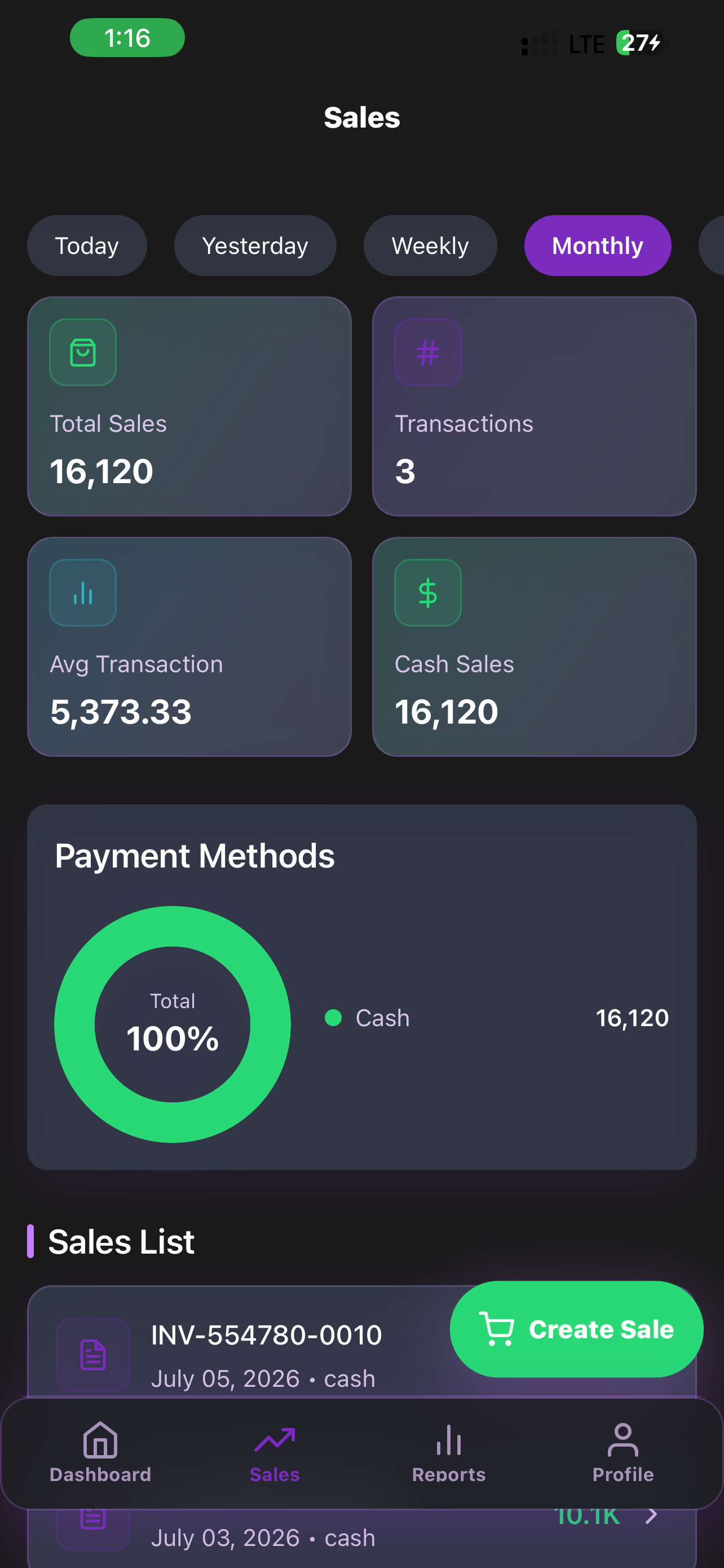 MobixPOS sales overview on mobile